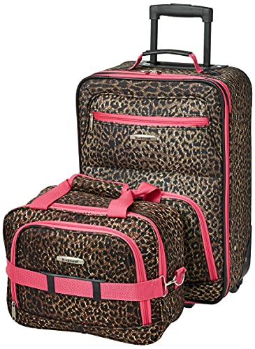 Rockland Fashion Softside Upright Luggage Set, Expandable,Lightweight,Telescopic Handle,Wheel, Pink Leopard, 2-Piece (14/19)