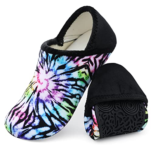 XIHALOOK Womens Mens Fuzzy Fleece Closed Back Indoor Slippers House Shoes for Travel & Indoors Black Multi, 8-9 Women/6.5-7.5 Men