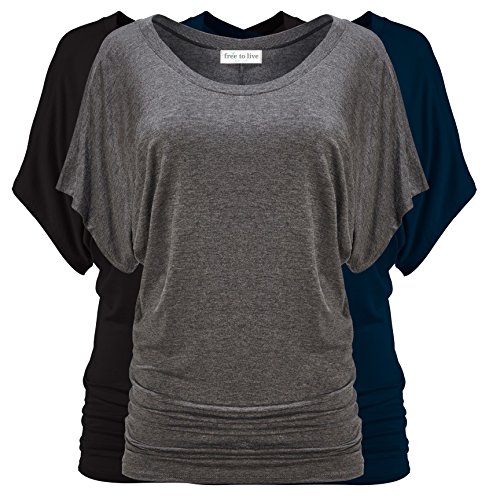 Free to Live 3 Pack Dolman Short Sleeve Business Casual Tops for Women Shirts Fall Dressy Tunic (XL, Black, Charcoal, Navy)