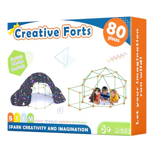 Tiny Land Kids-Fort-Building-Kit-80 Pieces-Creative Fort Toy for 5,6,7,8 Years Old Boy & Girls-STEM Building Toys DIY Castles Tunnels Play Tent Rocket Tower Indoor & Outdoor Playhouse