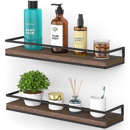 Meangood Floating Shelves Wall Mounted Set of 2, Rustic Wood Wall Storage Shelves for Bedroom,Living Room,Bathroom, Kitchen Brown