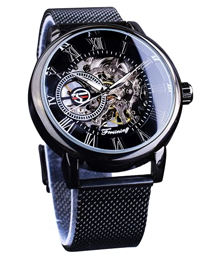 FORSINING Black Mechanical Watch for Men Minimalist Retro Design Staempunk Mechanical Skeleton Wrist Watch Transparent Business Mesh Band Watch