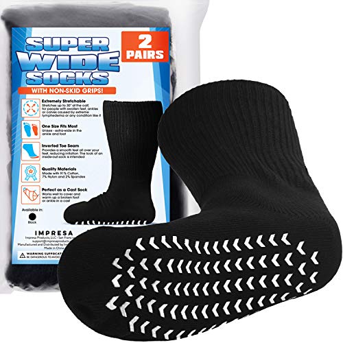 IMPRESA 2 Pairs of Super Wide Socks With Non-Skid Grips for Lymphedema - Bariatric Sock - Oversized anti-slip Sock Stretches up to 30'' Over Calf for Swollen Feet & Mens & Womens Legs-One Size Unisex