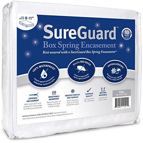 Full Size SureGuard Box Spring Encasement - 100% Waterproof, Bed Bug Proof, Hypoallergenic - Premium Zippered Six-Sided Cover White