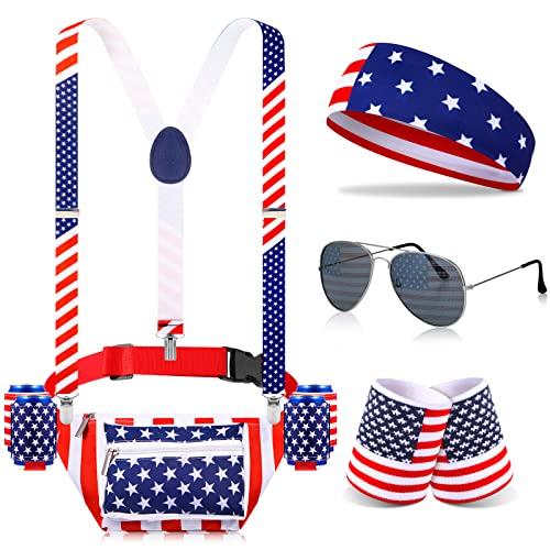 9 Pcs Patriotic Fanny Pack Beverage Beer Belt Set USA Belt Bag American Fanny Pack with Suspenders Drink Holder American Flag Headband Wristband for 4th of July National Day Outdoor Party Dress Up