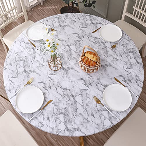 Round Vinyl Fitted Tablecloth with Flannel Backing Elastic Edge Design Table Cover Waterproof Oil-Proof PVC Table Cloth Stain-Resistant Wipeable for Round Table