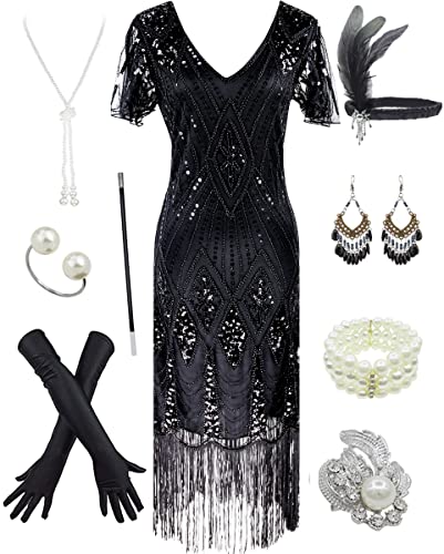 Women's 1920s Gatsby Inspired Sequin Beads Long Fringe Flapper Dress w/Accessories Set, Black, X-Large
