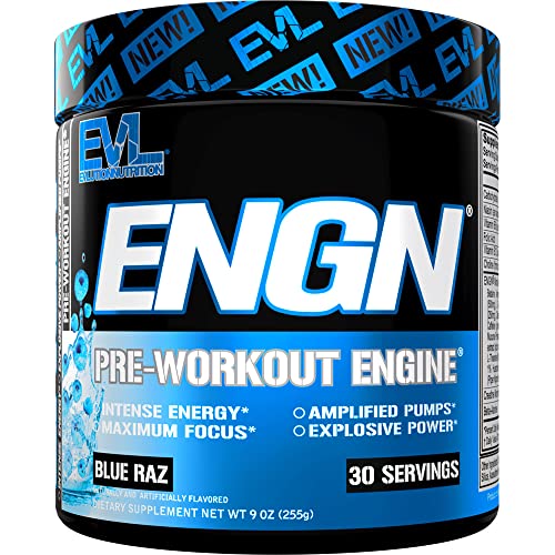 EVL Intense Pre Workout with Creatine - Pre Workout Powder Drink for Lasting Energy Focus and Recovery - ENGN Energizing Pre Workout for Men with Beta Alanine Caffeine and L Theanine - Blue Raz