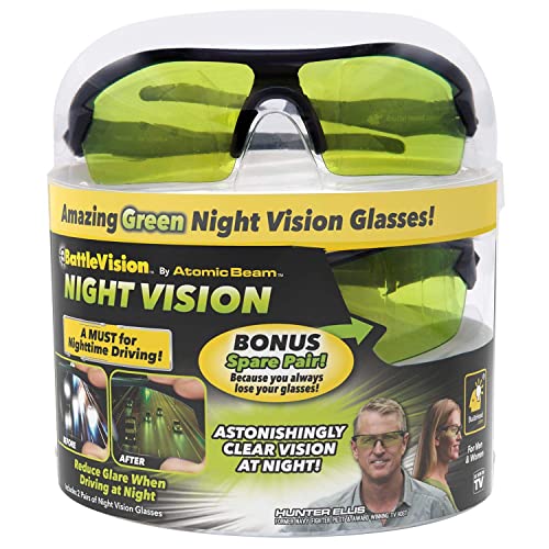 Battlevision As Seen On TV Night Vision Glasses 2 Pairs by BulbHead - Amazing Night Driving Glasses Protect Eyes From Blinding Headlight Glare - Green Lenses Enhance Clarity - Flexible Frames, 6 In