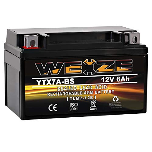 Weize YTX7A-BS High Performance - Maintenance Free - Sealed AGM Motorcycle Battery compatible with Gas Gy6 Scooter Moped 50CC 125CC