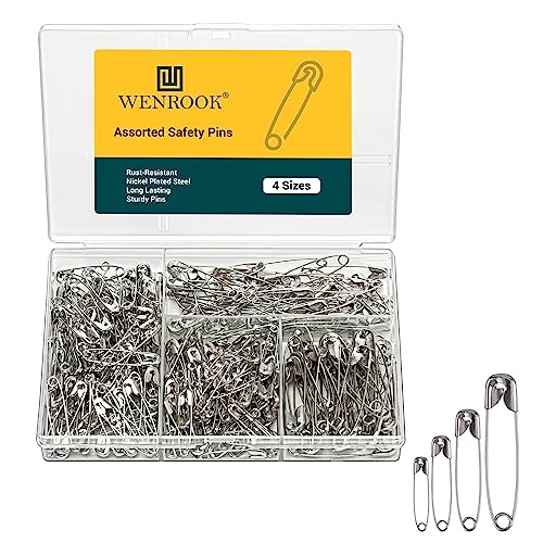 Wenrook 300 Pack Safety Pins Assorted, 4 Different Sizes, Strong Nickel Plated Steel, Heavy Duty Safety Pins for Clothes, Crafts, Pinning and More