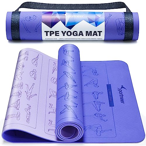 Instructional Yoga Mats with 150 Fade-proof Poses Printed on It - 24' Wide x 72' Long Double-Sided Non Slip TPE Eco-Friendly Workout Mat - 6mm Thick Exercise Mat with Carrying Strap for Beginners