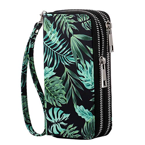 HAWEE Cellphone Wallet Dual Zipper Wristlet Purse with Credit Card Case/Coin Pouch/Smart Phone Pocket Soft Leather for Women or Lady, Banana Leaf