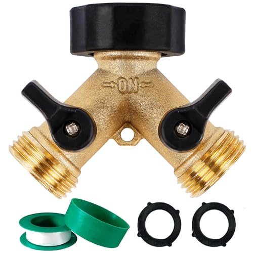 Biswing Garden Hose Splitter 2 Way, Heavy Duty Brass Connector Tap Splitter, Y Splitter 2 Valves with 2 Extra Rubber Washers