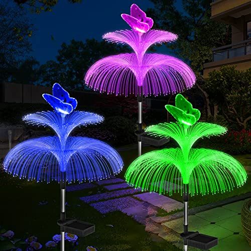 Weepong Solar Garden Lights Waterproof Newest Solar Outdoor Lights Decorative 7 Color Changing Double Jellyfish and Butterfly Solar Flower Lights for Christmas Pool Outdoor Yard Garden Decor,3 Pack