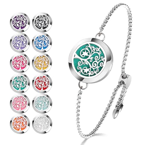 ttstar Essential Oil Diffuser Bracelet Stainless Steel Aromatherapy Locket Adjustable Diffuser Bracelet with 24pcs Refill Pads in 12 Colors Gift Set for Women Girls Mother's Day Christma(Tree of Hope)