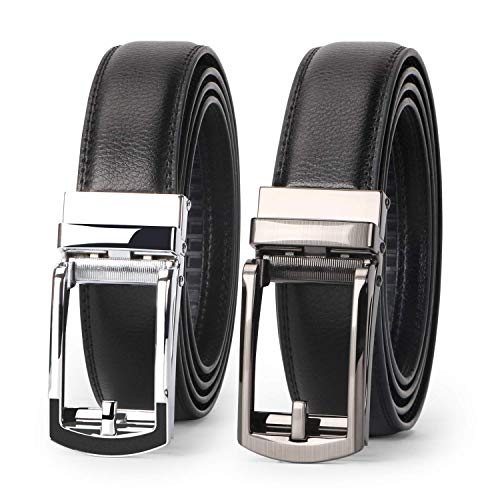 WERFORU 2 Pack Leather Ratchet Dress Belt for Men Perfect with Automatic Buckle,D-Black+Black,Fit Pant Size 28-44 inches