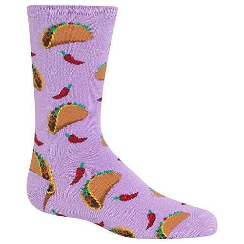 Hot Sox Kids' Big Fun Food & Drink Crew Socks-1 Pair Pack-Cool & Cute Boys & Girls Gifts, Tacos (Lavender), Large-X-Large