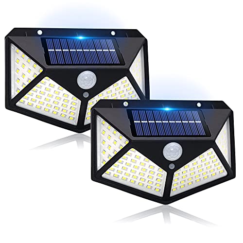 Ceena Solar Outdoor Lights, IP65 Waterproof Motion Sensor Wall Lights, 100 LEDs with Lights Reflector, Easy-to-Install Security Floodlights for Exterior Patio, Yard, Garage, Deck, Garden, 2 Pack