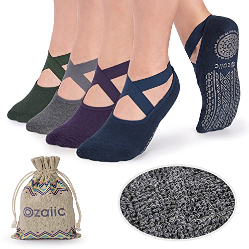 Ozaiic Non Slip Socks for Yoga Pilates Barre Fitness Hospital Socks for Women (4 Pairs - Navy/D.gray/D.green/D.purple)