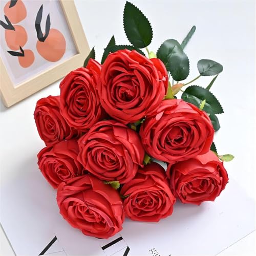 Jasion Artificial Rose Flower with Stem Silk Flower Realistic Bouquet Flower for Home Wedding Party Decor Without Vase (Red)