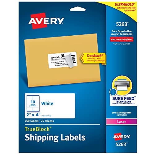 Avery Printable Shipping Labels with Sure Feed, 2' x 4', White, 250 Blank Mailing Labels (5263)