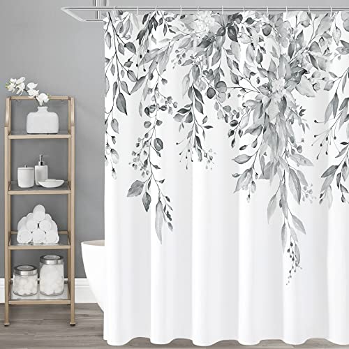 Gibelle Grey Eucalyptus Shower Curtain, Watercolor Plant Leaves with Floral Bathroom Shower Curtain Set with Hooks, Gray White, 72x72