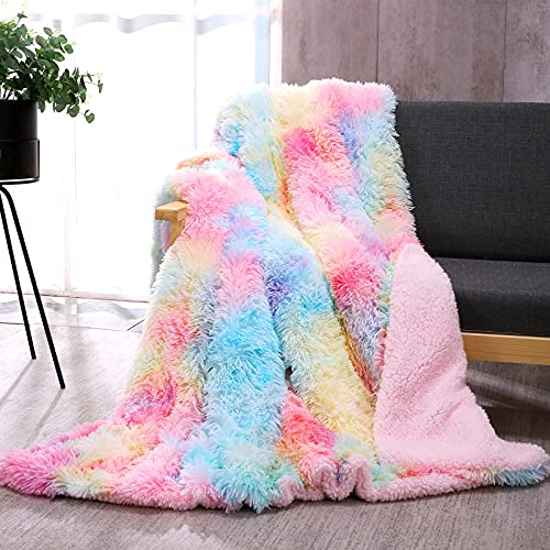 DANGTOP Faux Fur Throw Blanket, Tie Dye Fluffy Blanket, Super Soft Rainbow Blanket for Girls, Luxury Cozy Warm Plush Thick Sherpa Throws for Bed Couch Living Room (Rainbow, 59x79 inches)