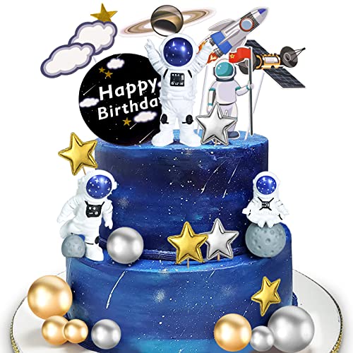 22Pcs Astronaut Space Cake Toppers Outer Space Cake Decorations Outer Space Themed Party Supplies Astronaut Figurines Planet Rocket Stars and Pearl Balls DIY Cake Toppers for Kids Birthday Baby Shower