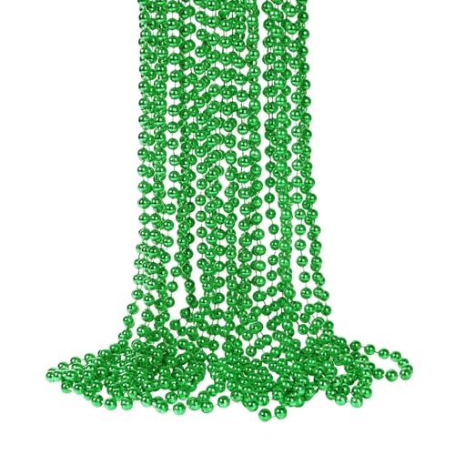YAXINRUI 33 Inch 7 mm Metallic Bead Necklaces, 15pcs Mardi Gras Beads Bulk Beaded Necklaces Green Bead Necklace for Mardi Gras Party, St. Patrick's Day, Christmas Festive Events, Party Favors