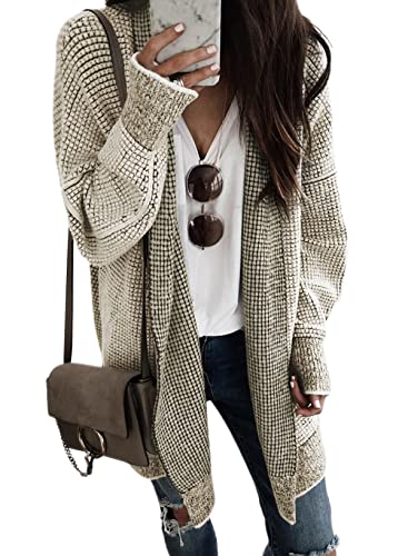 Sidefeel Sweaters for Women Long Sleeve Open Front Knit Plaid Chunky Cardigans Oversized Sweaters Winter Coats Apricot Medium