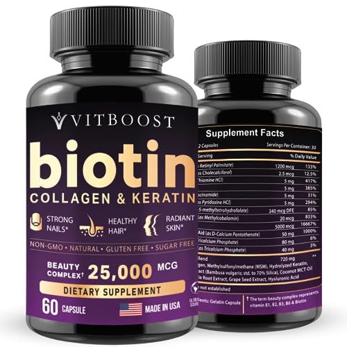 VITBOOST Biotin with Hyaluronic Acid, Collagen and Keratin – 25000 mcg Hair Growth Vitamins for Men and Women – Nails and Skin, USA Made, B1, B2, B3, B6, B7 Complex - 60 Capsules