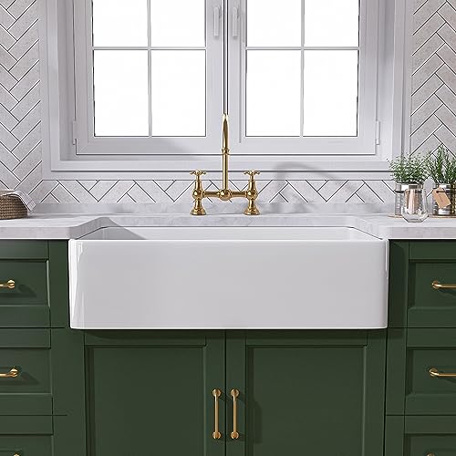 TUKTUK White Farmhouse Sink 30 Inch Farm Sink Fireclay Apron Front Single Bowl Kitchen Sinks Deep Drop In Undermount Kitchen Sink Luxury Bottom Grid & Strainer Drain Included