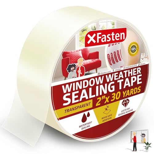 XFasten Transparent Window Weather Sealing Tape, 2-Inch x 30 Yards (50.8mm x 27.43m), Clear Window Draft Isolation Sealing Film Tape, No Residue