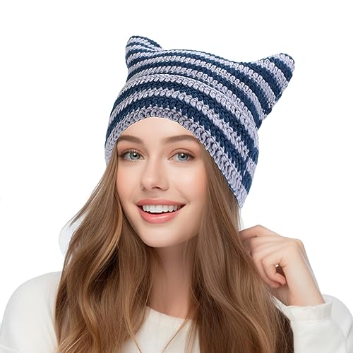 Vintage Crochet Hats for Women - Cat Ear Beanie with Fox Design - Grunge Style Slouchy Beanies for Y2K Accessories (#7 Cyan/Blue)