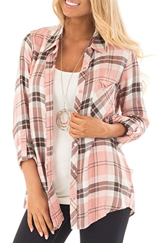Jug&Po Womens Casual Cuffed 3 4 Long Sleeve Plaid Button Down Shirts Blouse Tops (Large, SZ Pink)