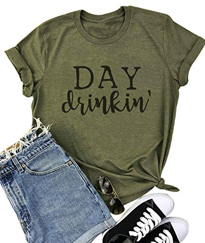 Day Drinkin' T Shirts Women Drinking All Day Letter Print Short Sleeve Funny Casual Tops Tee(XX-Large,Army Green)