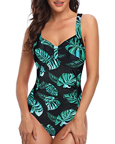 Tempt Me Women Green Leaves Ruched Slimming One Piece Swimsuits Tummy Control Vintage Bathing Suits L