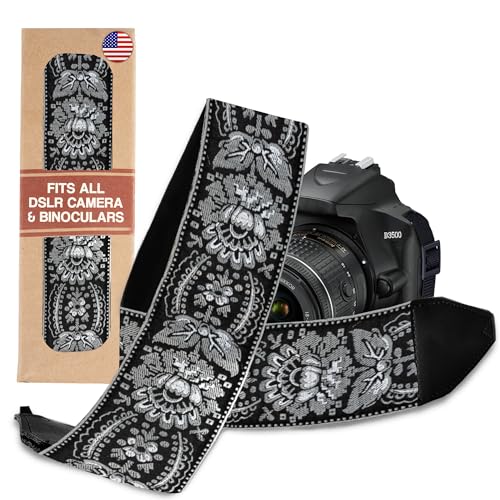 Camera Strap for All DSLR and Mirrorless Camera Including Binoculars. Embroidered Silver & Black Woven Camera Strap Universal Neck Crossbody & Shoulder Camera Strap, Gift for Photographers