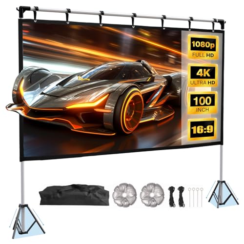 Projector Screen and Stand, HYZ 100 inch Rear Front Portable Projection Screen, 4K HD Foldable Outdoor Projector Screen with 160° Viewing Angle, Carry Bag for Home Theater, Office, Backyard