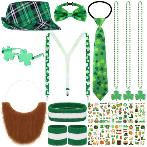 Cuffbow 21 Pcs St Patrick Day Costume Accessories Set Include Leprechaun Plaid Hat Beard Tie Bow Tie Elastic Suspenders Glasses Tattoo Sticker Clover Necklace Wristband Headscarf for Irish Day Party