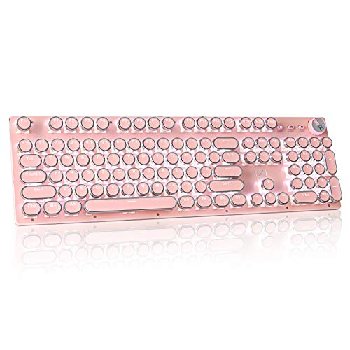 CHICHEN Retro Steampunk Typewriter-Style Gaming Keyboard, Blue Switches,Pure White Backlight, USB Wired, for PC Laptop Desktop, Stylish Pink Mechanical Keyboard Round Keycaps
