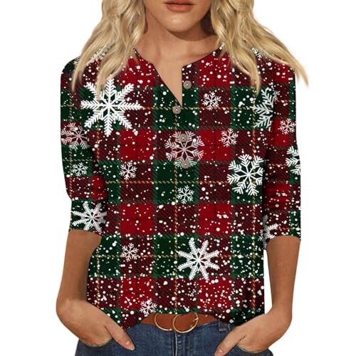 Christmas Shirts for Women 2023 Sexy Lace 3/4 Sleeve Tops Womens Fashion Dressy Casual Henley Button Down Ladies Blouse Dressy Casual Trendy Ugly Sweaters Teen Girl Gifts Outfits(2A-Deep Red,XX-Large)