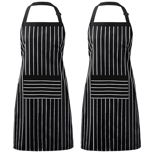 Syntus 2 Pack Adjustable Bib Apron with 3 Pockets Cooking Kitchen Aprons for Women Men Chef, Black/White Pinstripe