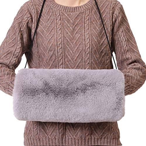 Rulala Fancy Faux Fur Hand Muffs for Women Winter Warm Arm and Hand Warmer with PU Leather Strap Include Pockets(Grey)