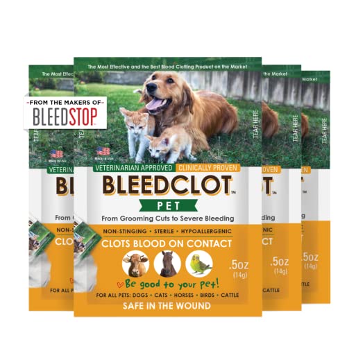 BleedClot Pet First Aid Blood Clotting Powder | The Best for All Animals to Stop Bleeding, Guaranteed | for Minor Cuts and Severe Arterial Bleeding | from The Makers of BleedStop (4 Pouches (0.5 oz))