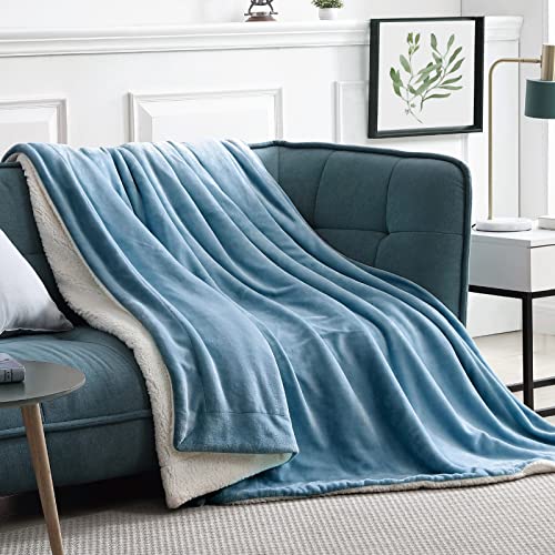 Walensee Sherpa Fleece Blanket (Queen Size 90”x90” Slate Blue) Plush Throw Fuzzy Super Soft Reversible Microfiber Flannel Blankets for Couch, Bed, Sofa Ultra Luxurious Warm and Cozy for All Seasons
