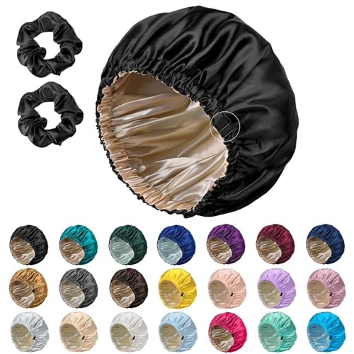 Kuraoyan Double Layer Silk Bonnet for Sleeping for Women and Men Large Adjustable Satin Hair Cap for Curly Hair and Natural Hair （Black）
