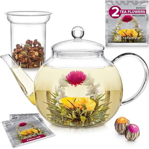 Teabloom Stovetop & Microwave Safe Glass Teapot (40 oz) with Removable Loose Tea Glass Infuser – Includes 2 Blooming Teas – 2-in-1 Tea Kettle and Tea Maker