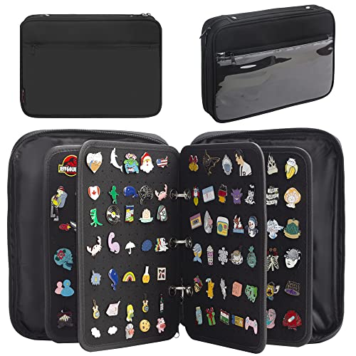 PACMAXI Enamel Pin Display Pages Pin Carrying Case, Pins Collection Storage Organizer Case, Travel Brooch Pin Display Bag (Pins Not Included) (Black with 4 page loose leaf)